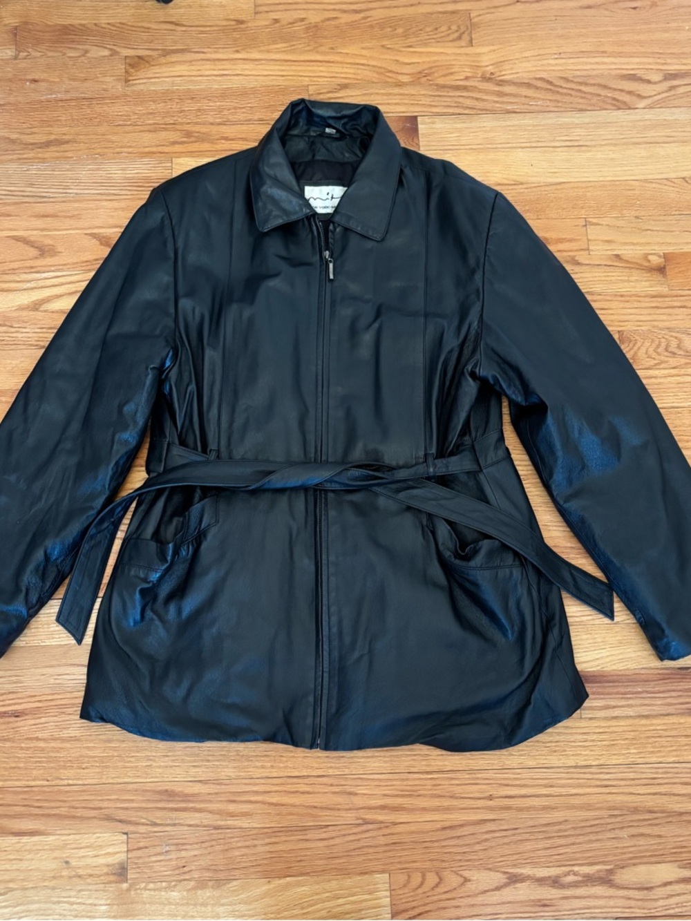 Vintage Mitsu Women’s Black Genuine Leather Front Belted Mid-Length Jacket S